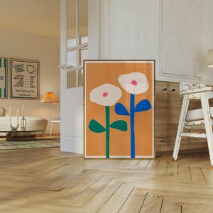 May include: A digital art print featuring two white flowers with pink centers on a peach background. The flowers have blue and green stems.