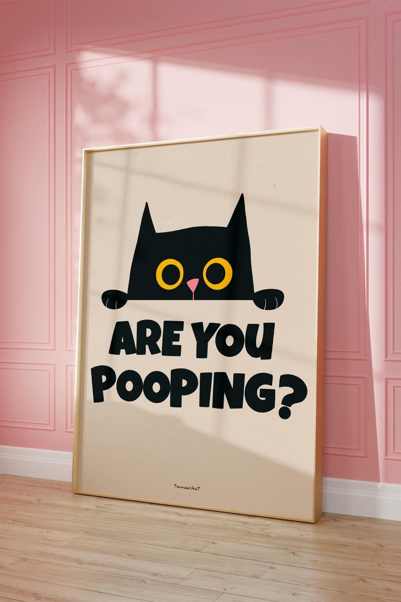 May include: A black cat with yellow eyes peeks over a beige background with the text "Are you pooping?" in black. The text "Tommenkat" is in smaller black text at the bottom of the image.