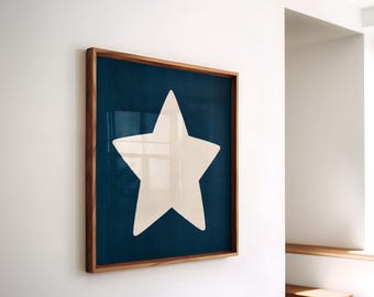 Star Wall Art Print - Retro Hand Drawn Wall Art, Navy Blue Star Poster, Trendy Retro Wall Art, Preppy Print, Square Wall Art PRINTABLE ART