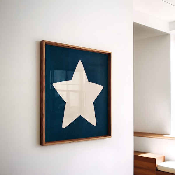 Star Wall Art Print - Retro Hand Drawn Wall Art, Navy Blue Star Poster, Trendy Retro Wall Art, Preppy Print, Square Wall Art PRINTABLE ART