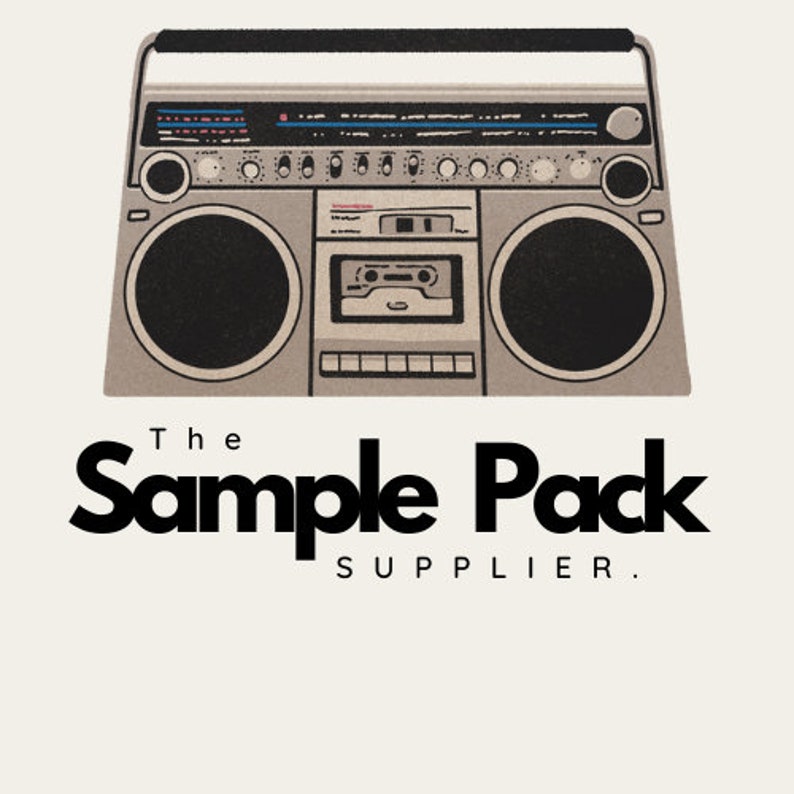 May include: A vintage-style cassette player with a silver and black design. The player has a cassette tape slot, a radio dial, and two large speakers. The text "The Sample Pack Supplier." is printed below the player.