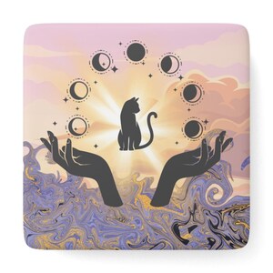 Black Cat Magnet | Cat Lover Gift | Sky Ocean Cat Goddess | Lunar Phases | Porcelain Magnet | Kitchen Refrigerator Magnet | Witch Art