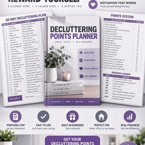 Può includere: Un Decluttering Points Planner con un piano di 30 giorni, sistema a punti e scala dei premi. La copertina presenta il testo Decluttering Points Planner, Small Steps, Big Rewards, A Cleaner Home, A Calmer Mind, A Happier You e Organize, Earn, Reward, Repeat.