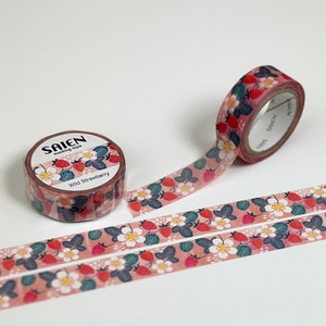 Saien Washi Tape - Wild Strawberry (15mm) - Ichigo Japanese Floral Print for Decoration, Journal & Planner, Scrapbooking, Gift Wrapping, and