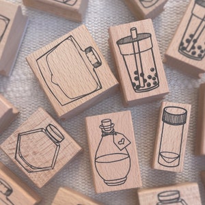 Rubberstempel met houten handvat - Inktmonsterstempels - Boba Love Potion Witchy Unieke Japanse inktfles zeshoek