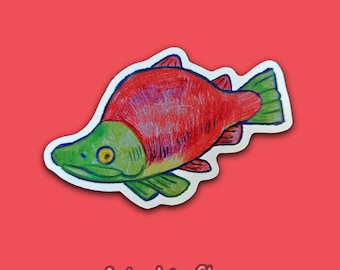 Pegatina de salmón rojo - Impermeable, vinilo, vibrante, pez