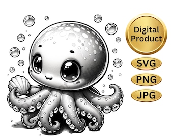 Cute Black And White Octopus SVG Digital File For Immediate Download, Digital PNG And JPG Files, Commercial Use Allowed, Kids Digital Image