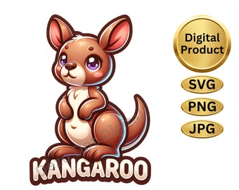 Cute Zoo Animal SVG, Digital PNG, Digital JPG File, Commercial Use on Apparel, Art Prints, Etc., Kangaroo Digital File