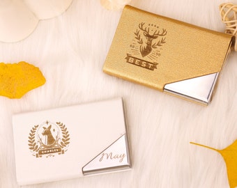 Personalized leather business card holder, custom carved name and logo, elegant office gift set