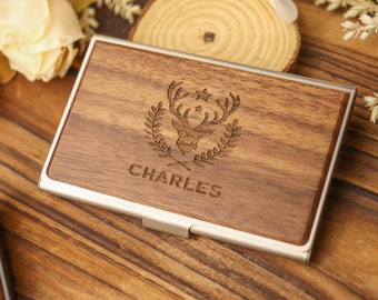 Personalized wooden business card holder with custom carving, elegant office desk accessories, personalized office gifts for professionals