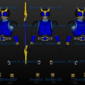May include: A 3D rendering of a blue and black action figure with gold accents, including a helmet, chest piece, belt, and boots. A gold spear is also present. The text "Sentai Rider3D" is visible.