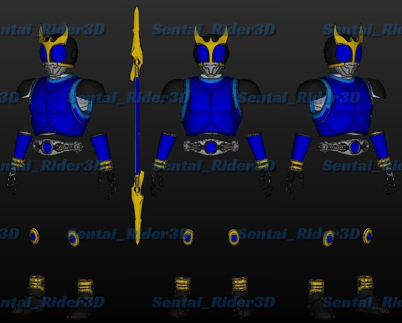 May include: A 3D rendering of a blue and black action figure with gold accents, including a helmet, chest piece, belt, and boots. A gold spear is also present. The text "Sentai Rider3D" is visible.