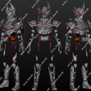 May include: A 3D model of a fictional character wearing a black and pink suit with a helmet. The character is holding a sword in each hand. The model is posed in three different positions.