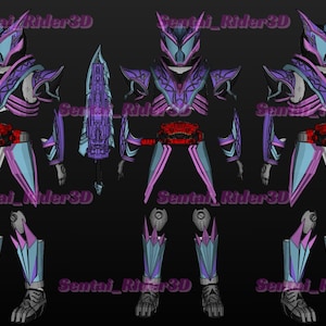Puede incluir: Ilustración digital de un traje blindado morado, azul y negro con una espada a juego. El traje presenta diseños intrincados y un cinturón rojo. El texto "Sentai_Rider3D" se repite en toda la imagen.