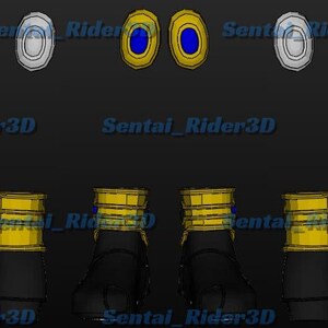 May include: A digital illustration of a costume design, featuring black boots with gold and blue accents, along with matching gold and blue eye pieces and other accessories. The design is displayed from multiple angles against a dark background.
