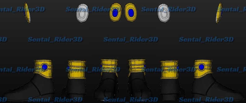 May include: A digital illustration of a costume design, featuring black boots with gold and blue accents, along with matching gold and blue eye pieces and other accessories. The design is displayed from multiple angles against a dark background.