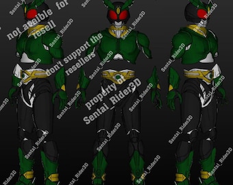 May include: A green and black superhero figure with a gold belt and a green helmet with a single red eye. The figure is standing with its arms at its sides. The text "not available for resell" and "don't support the resellers" is written on the image. The text "property of Sentai Rider3D" is also written on the image.