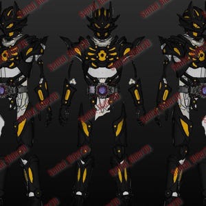 May include: A black and yellow action figure with a skeletal design. The figure has a purple belt and a black and yellow helmet with a skull design.