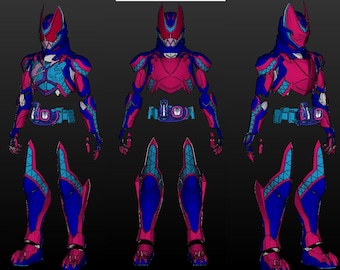 May include: A 3D model of a fictional character wearing a blue and pink suit with a helmet. The character is shown from three different angles.