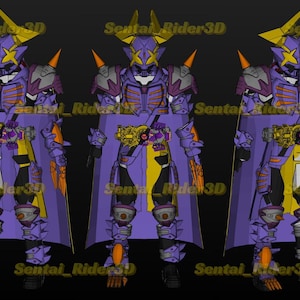 Puede incluir: Tres ilustraciones de un personaje blindado púrpura y dorado con casco y capa. El personaje tiene detalles en naranja y un cinturón dorado. El texto "Sentai Rider 3D" es visible en la imagen.