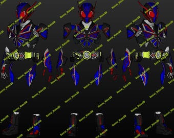 May include: A digital illustration of a futuristic armored suit, featuring a helmet with red accents, a blue and black chest piece, and matching arm and leg components. The design includes a yellow belt and boots, with the text "Sental Rider3D" repeated across the image.