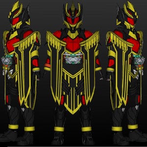 Puede incluir: Una figura negra y roja con detalles dorados y un gran escudo dorado. La figura tiene un casco negro con una visera roja y una capa negra y dorada.