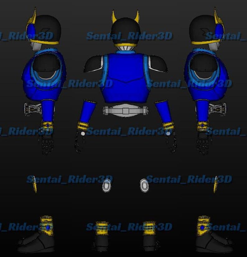 May include: A 3D model of a blue and black superhero costume. The helmet is black with yellow accents. The suit has blue armor with yellow details. The text "Sentai_Rider3D" is visible. The model is displayed from multiple angles.