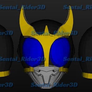 May include: A black helmet with yellow accents and blue eye-shaped lenses. The helmet has a stylized design with a silver faceplate and is likely a cosplay or costume piece. The text "Sentai Rider3D" is repeated across the image.