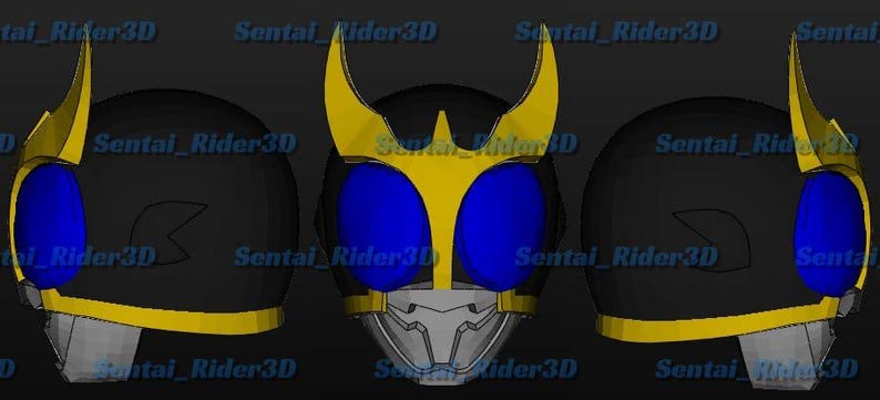 May include: A black helmet with yellow accents and blue eye-shaped lenses. The helmet has a stylized design with a silver faceplate and is likely a cosplay or costume piece. The text "Sentai Rider3D" is repeated across the image.