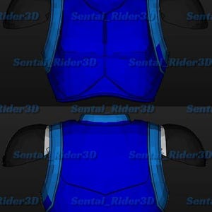 May include: A blue and light blue vest with black shoulder pads. The vest has a high collar and a geometric design. The text "Sentai Rider3D" is repeated across the image.