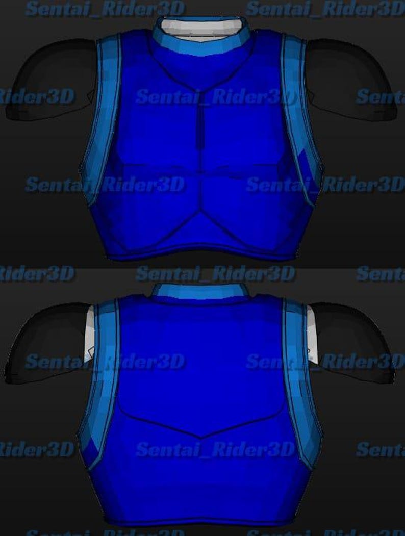 May include: A blue and light blue vest with black shoulder pads. The vest has a high collar and a geometric design. The text "Sentai Rider3D" is repeated across the image.