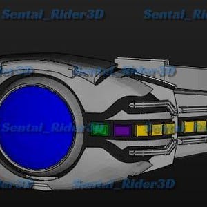 May include: A futuristic, silver-gray device with a prominent blue circular element. The design incorporates rectangular and cylindrical components, accented with colorful panels of red, yellow, green, and purple. The text "Sentai_Rider3D" is repeated across the image.