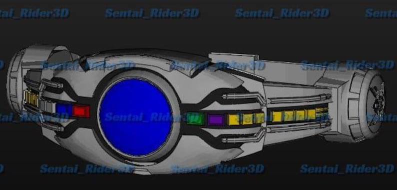 May include: A futuristic, silver-gray device with a prominent blue circular element. The design incorporates rectangular and cylindrical components, accented with colorful panels of red, yellow, green, and purple. The text "Sentai_Rider3D" is repeated across the image.