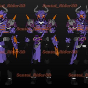 Puede incluir: Ilustración digital de un traje blindado morado y gris con detalles en naranja. El traje presenta un casco con cuernos y una estrella, púas en los hombros y un cinturón con hebilla detallada. El diseño incluye botas y guantes.