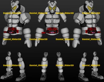 May include: A 3D model of a futuristic armored suit, rendered in shades of gray and white, with red accents on the belt. The helmet features yellow visor-like eyes. The text "Sentai_Rider3D" is overlaid in yellow.