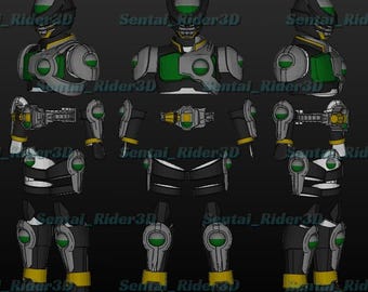 May include: A digital illustration of a futuristic armored suit, featuring a helmet, chest piece, and limb components. The design incorporates gray, black, green, and yellow accents. The suit's design is segmented, with detailed mechanical elements.