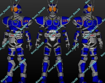 May include: A blue and silver action figure with a helmet and a belt with the text "GEX" on it. The figure is standing with its arms at its sides.
