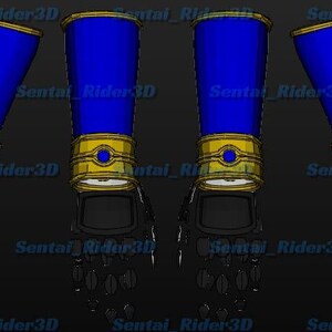 May include: 3D-rendered robotic arm components. The design features blue cylindrical sections with gold-colored bands and accents. The hands are black with articulated fingers, set against a dark background.