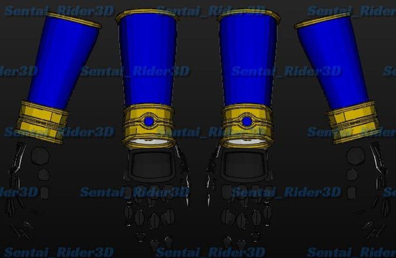 May include: 3D-rendered robotic arm components. The design features blue cylindrical sections with gold-colored bands and accents. The hands are black with articulated fingers, set against a dark background.