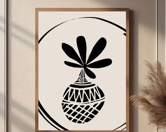 Boho abstrakt växttryck, svart och beige väggkonst, digital nedladdning