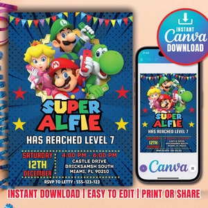 Super Mario Birthday Invitation, Birthday Invitation, Super Mario Invitation, Editable Printable Mario Invitation Birthday Template Canva