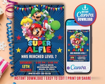 Invitación de cumpleaños de Super Mario, invitación de cumpleaños, invitación de Super Mario, plantilla de invitación de cumpleaños de Mario editable e imprimible Canva