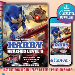 Faire-part d'anniversaire Sonic, Super Hedgehog Boys Party inviter, Faire-part de fête Super Sonic, modèle d'invitation Sonic modifiable, modèle Canva