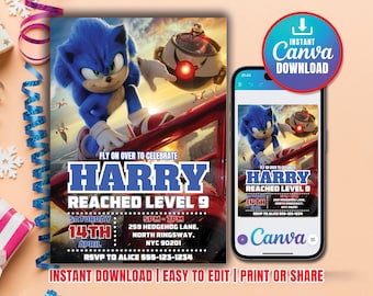 Sonic verjaardagsuitnodiging, Super Hedgehog Boys-feestuitnodiging, Super Sonic-feestuitnodiging, bewerkbare Sonic-uitnodigingssjabloon, Canva-sjabloon