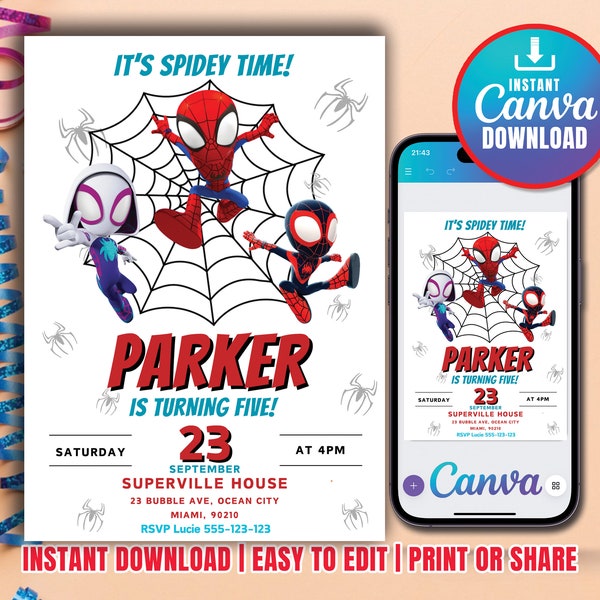 Spidey And His Amazing Friends Birthday Invitation Spidey Invitation Spiderman Superhero Party Boy Invite Instant Digital FULLY EDITABLE