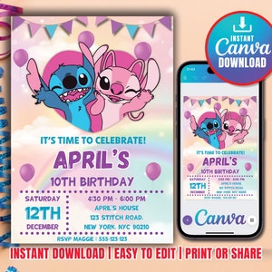 Modèle d'invitation d'anniversaire Stitch modifiable Invitation d'anniversaire pour filles Stitch Modèle d'invitation de fête d'anniversaire Stitch Inviter Stitch