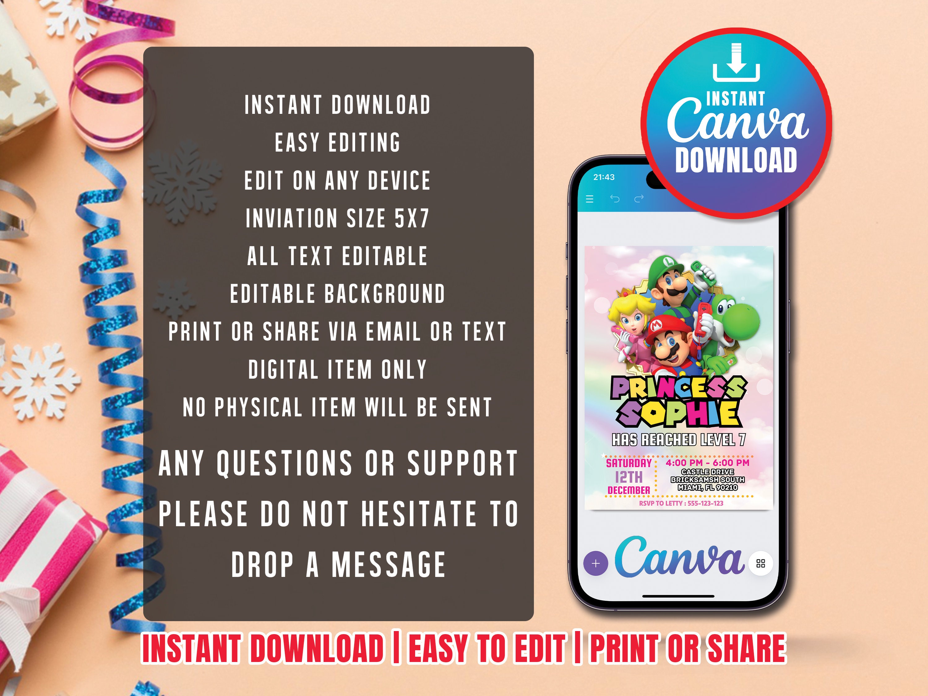 Super Mario Birthday Invitation, Birthday Invitation, Super Mario ...