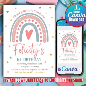 Rainbow Birthday Invitation for Girls, Pastel Modern/Boho With Stars 1st 2nd 3rd Editable and Printable Template for Canva Digital Download