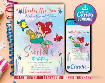 May include: A printable invitation for a 7th birthday party with a "Under the Sea" theme. The invitation features a cartoon image of Ariel from The Little Mermaid, holding a treasure chest. The invitation is designed in a light blue and pink color scheme with a watercolor effect. The text on the invitation reads "Under the Sea, Splash on Over and Celebrate, Scarlett's 7th Birthday, Saturday, December 3rd, 2pm til 4pm, 123 Ocean Avenue, Under the Sea, Miami, RSVP Letty 123-4567-890".