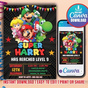 Super Mario Birthday Invitation, Birthday Invitation, Super Mario Invitation, Editable Printable Mario Invitation Birthday Template Canva